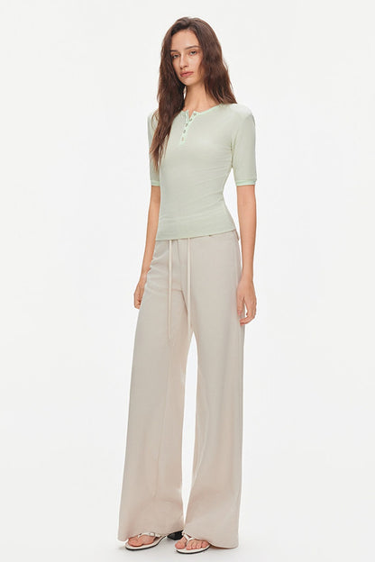 Padded Shoulder Henley Knit Top