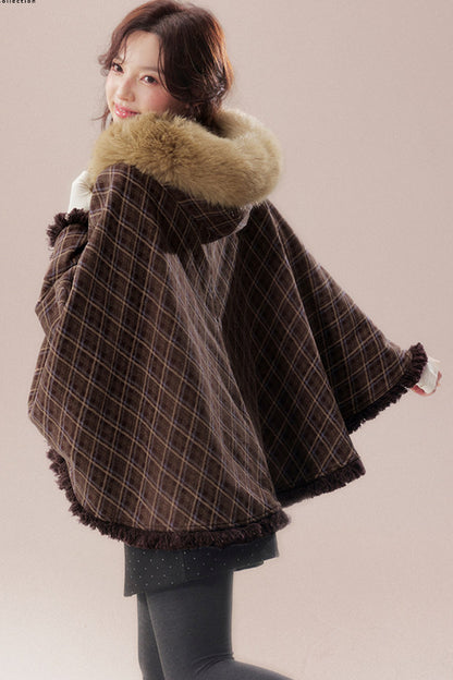 Plaid Fur Collar Hooded Shawl Cape