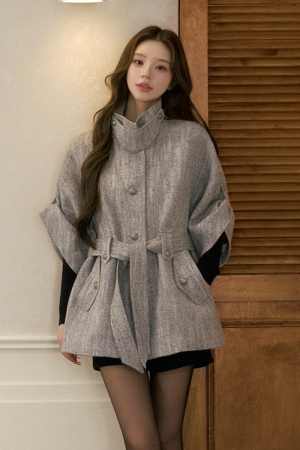 Stand Collar Batwing Wool Cape Jacket