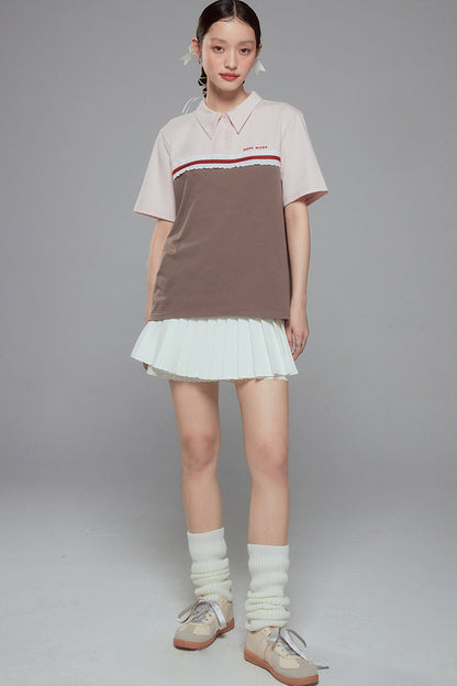 Color Block Lace Trim Cotton Polo