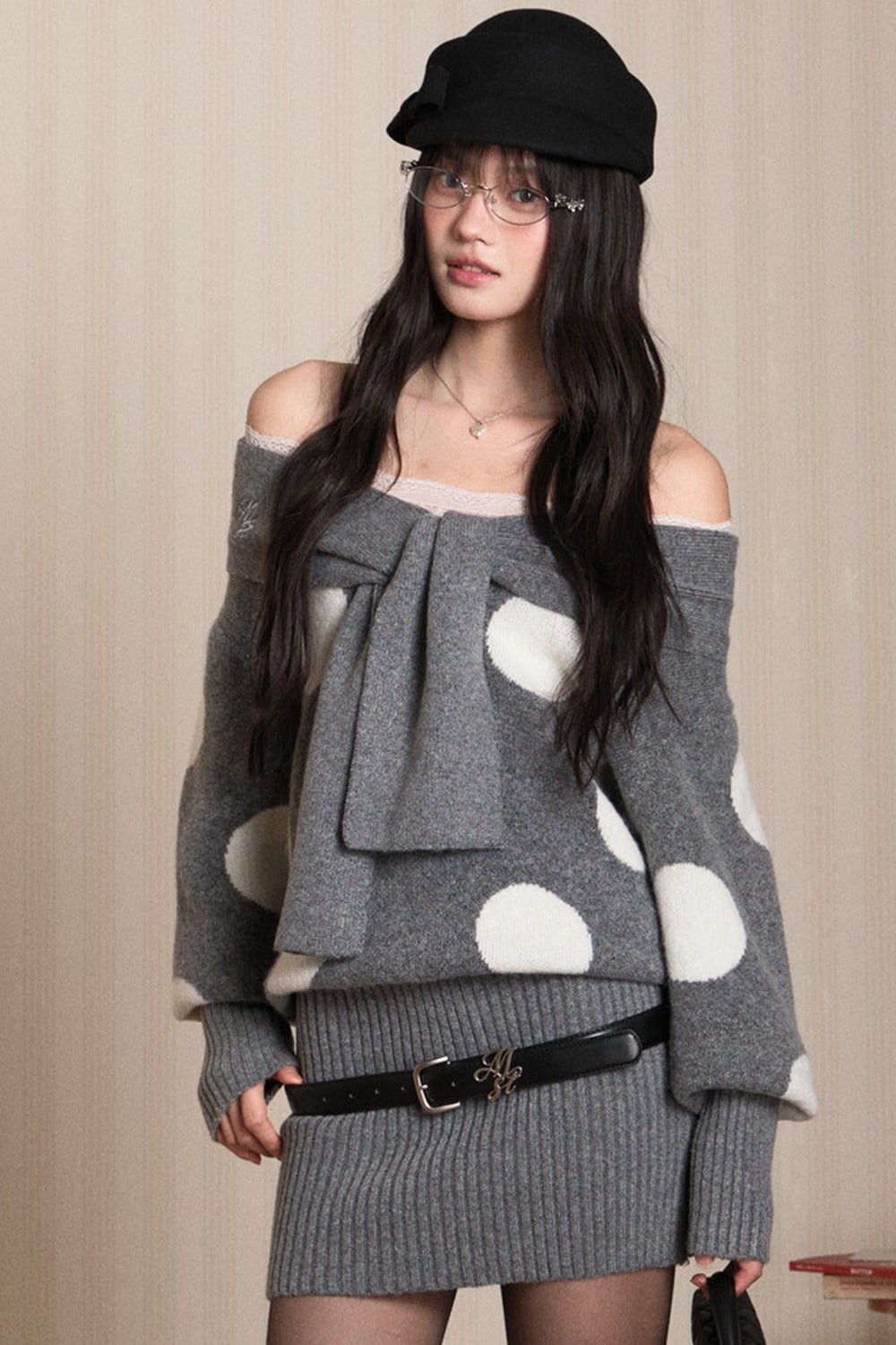 One-Shoulder Lace Knot Sweater Dress