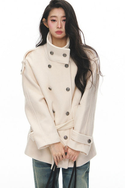 White Double-Breasted Stand-Collar Jacket and Pants Set-Up