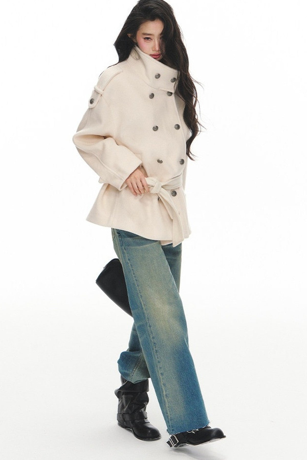 White Double-Breasted Stand-Collar Jacket and Pants Set-Up