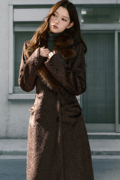 Long Woolen Fur Collar Blazer-Style Coat