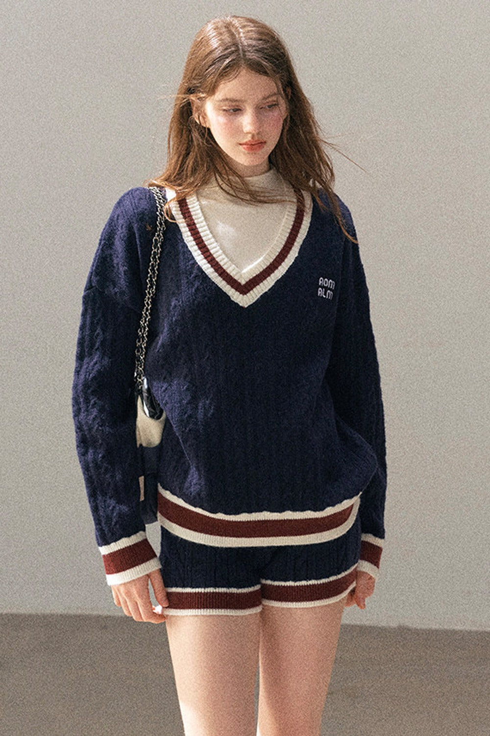 College Style Knit Sweater and Knit Shorts Set-Up