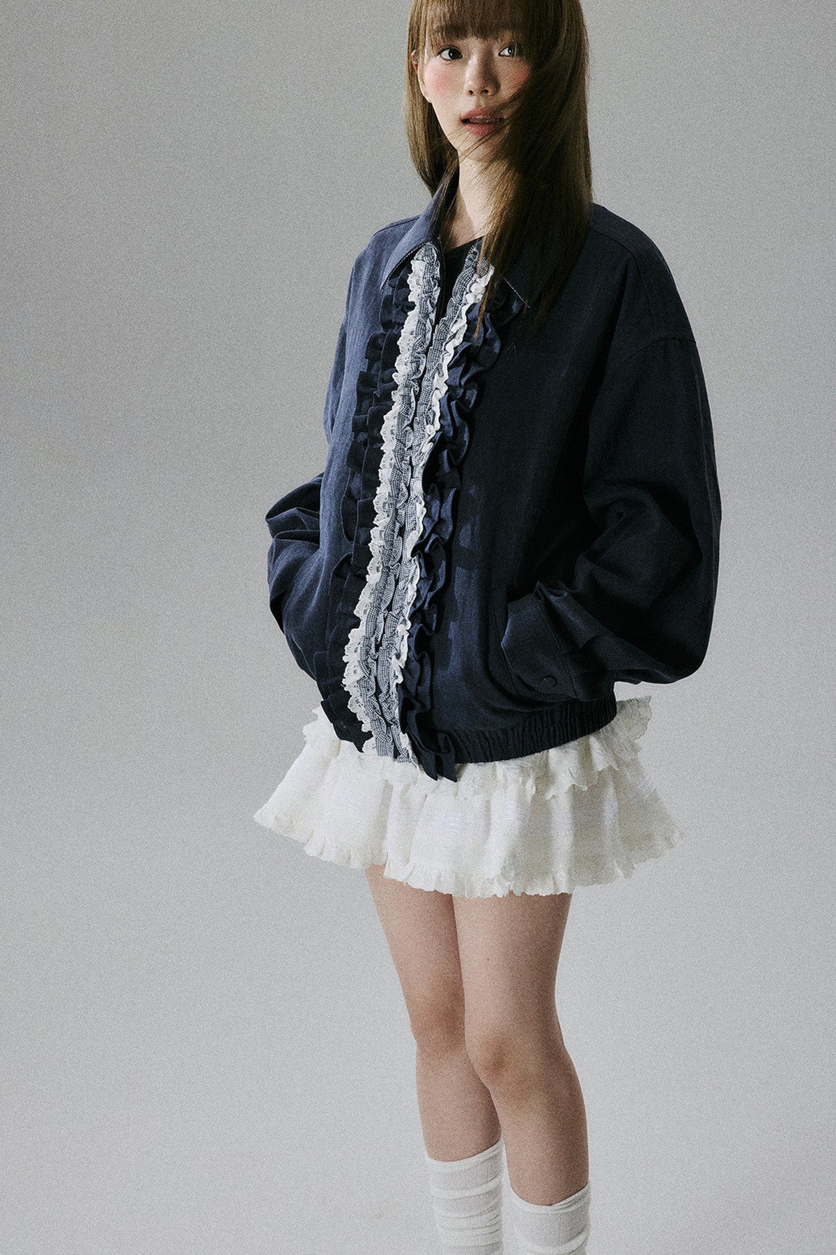 Ruffle Lace Panel Cotton Jacket