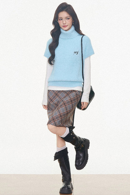 Faux Mink Turtleneck Sweater With Plaid Midi Skirt and Pants Set-Up