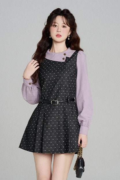Black Purple Polka Dot Long Sleeve Dress