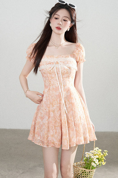 Square-Neck Floral Puff-Sleeve Chiffon Dress