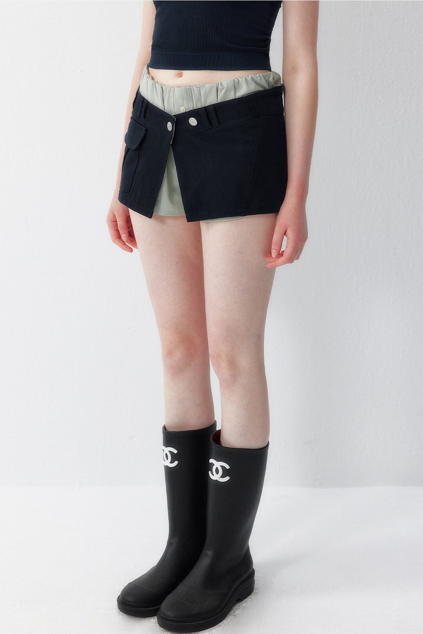 Faux Layered Denim Cargo Mini Skirt Pants