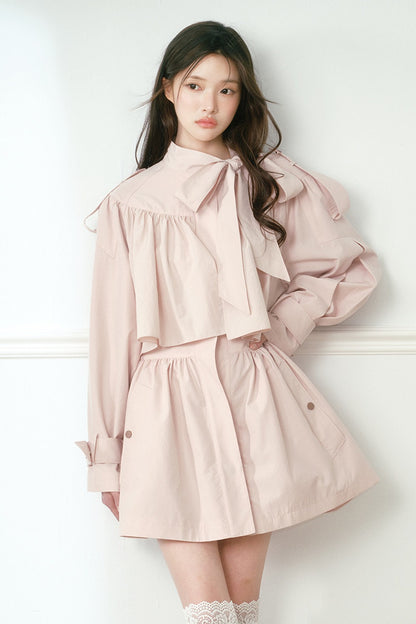 Ruched Bow Tie Cape Trench Coat