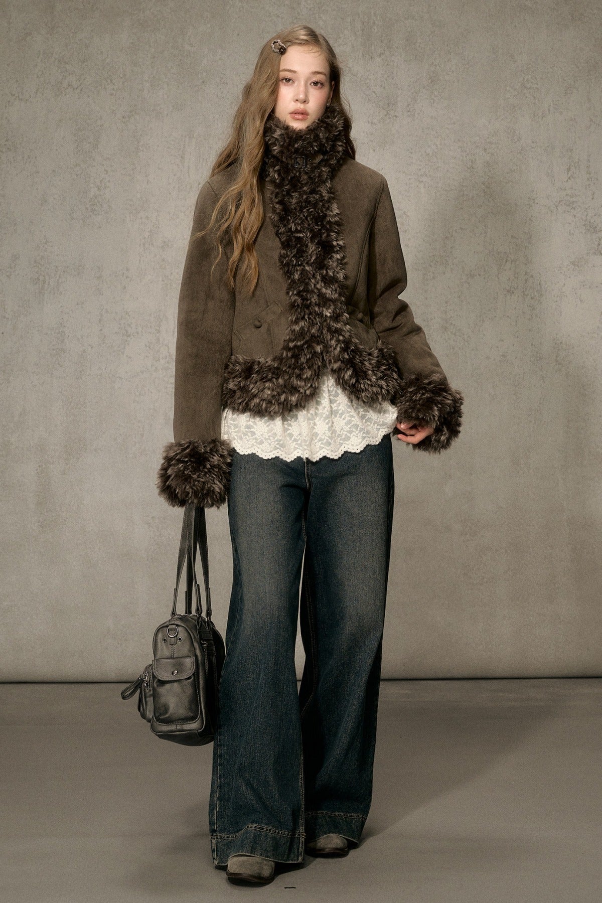 Faux Suede Short Fuzzy Collar Jacket