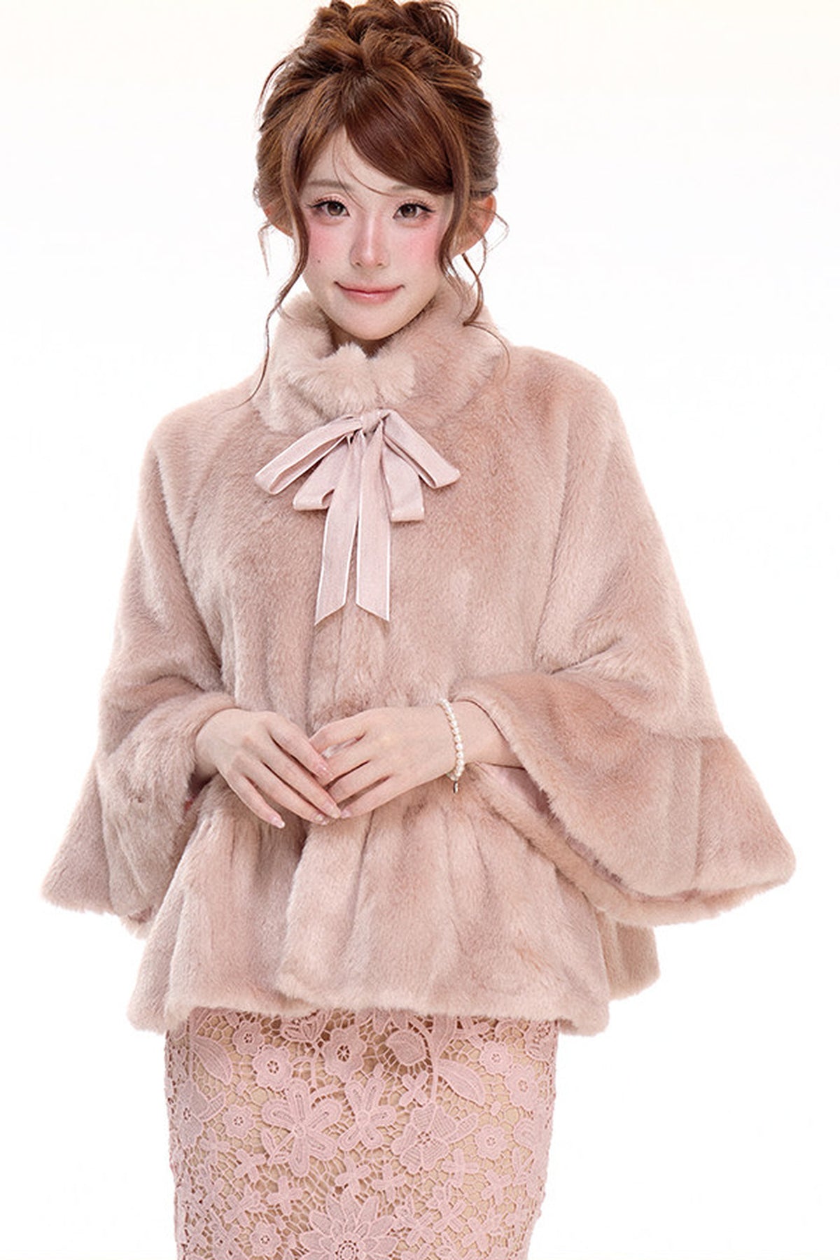 Pink Stand Collar Bow Fur Cape Coat and Midi Skirt Set-Up