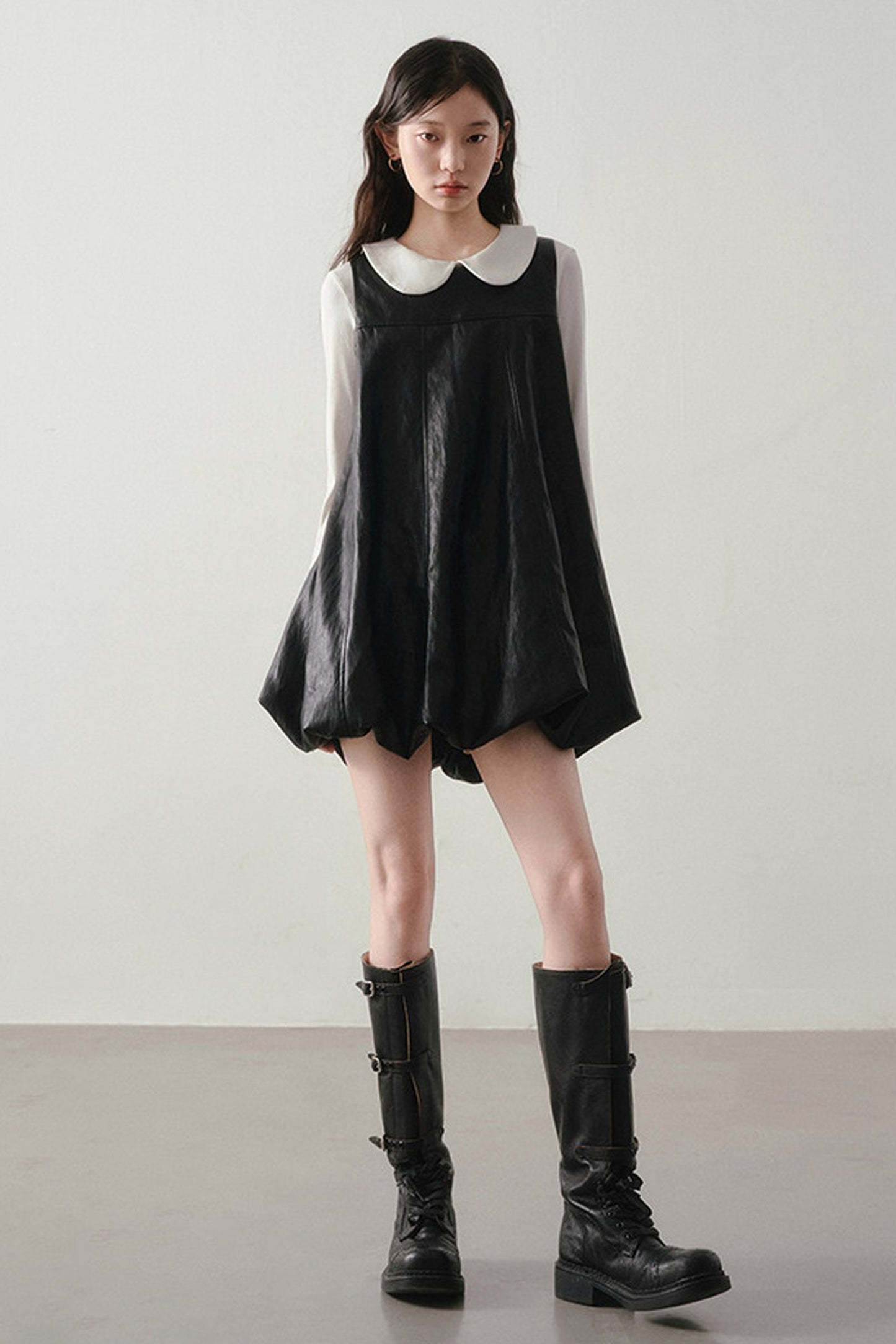 Black Leather-Like Peter Pan Dress