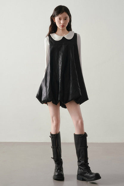 Black Leather-Like Peter Pan Dress