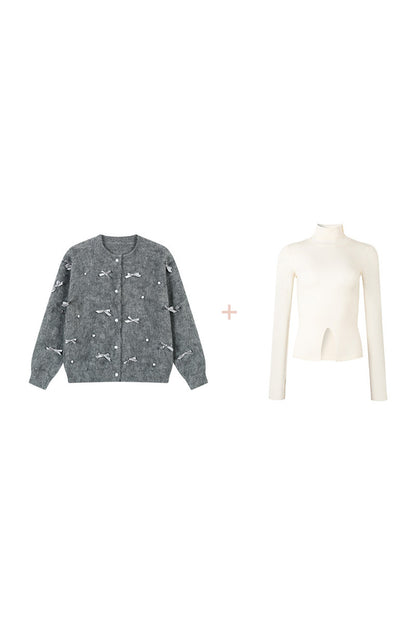 Ballet Bow Knit Cardigan With Skirt Set