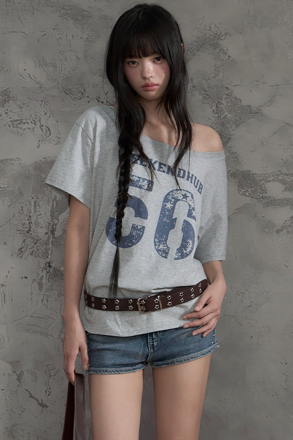 Slanted Shoulder Off-Shoulder T-Shirt Top and Pants Set-Up