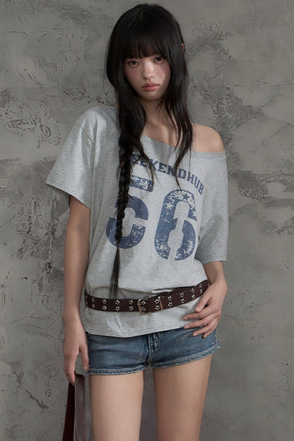 Slanted Shoulder Off-Shoulder T-Shirt Top and Pants Set-Up