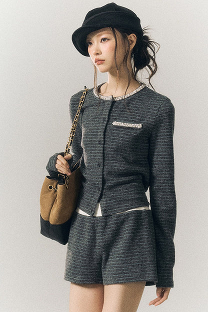 Beaded Lace-Up Wool Knit Top and Shorts and Cardigan Set-Up