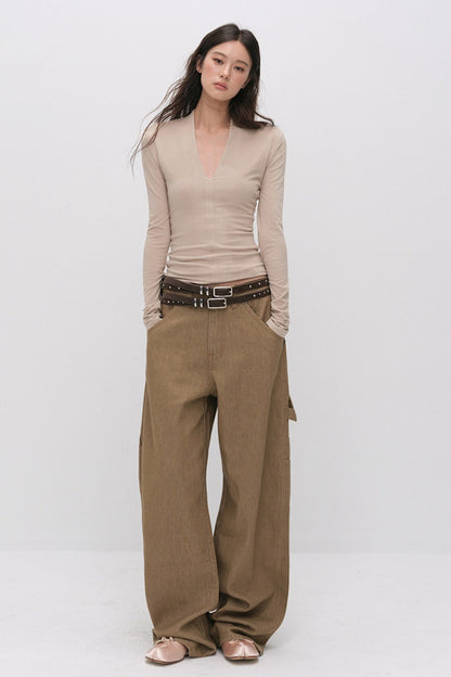 Deep V-Neck Ribbed Knit Top