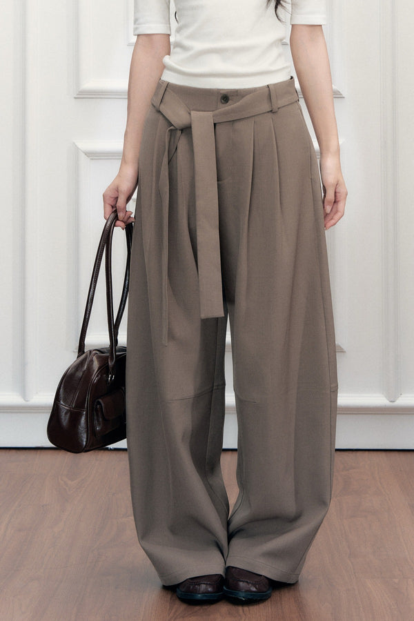 Drape Tie-Up Wide-Leg Suit Pants