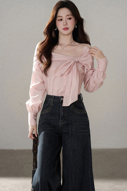 One-Shoulder Bow Long Sleeve Blouse