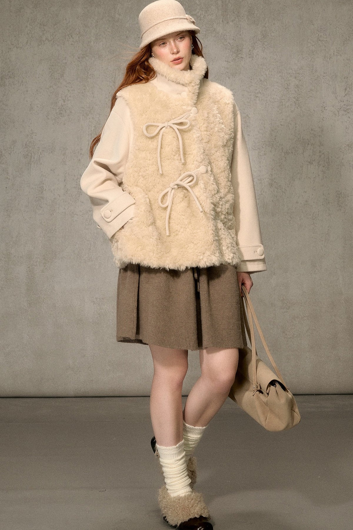 Flower Tea Layered-Look Woolen Furry Top