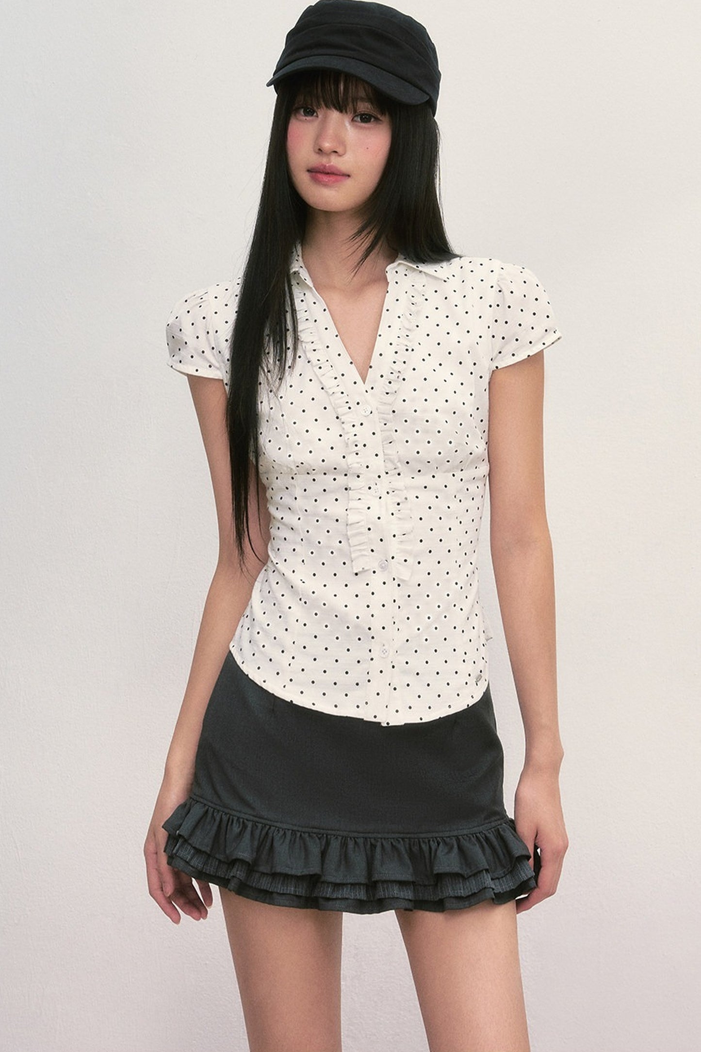 Französische Puffärmelbluse mit Polka-Dots