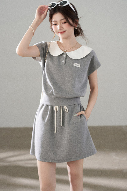 Gray Doll Collar Short-Sleeve Top and Skirt Set-Up