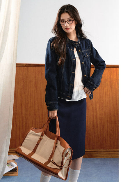 Round-Neck Gold Button Denim Jacket and Pants Set-Up