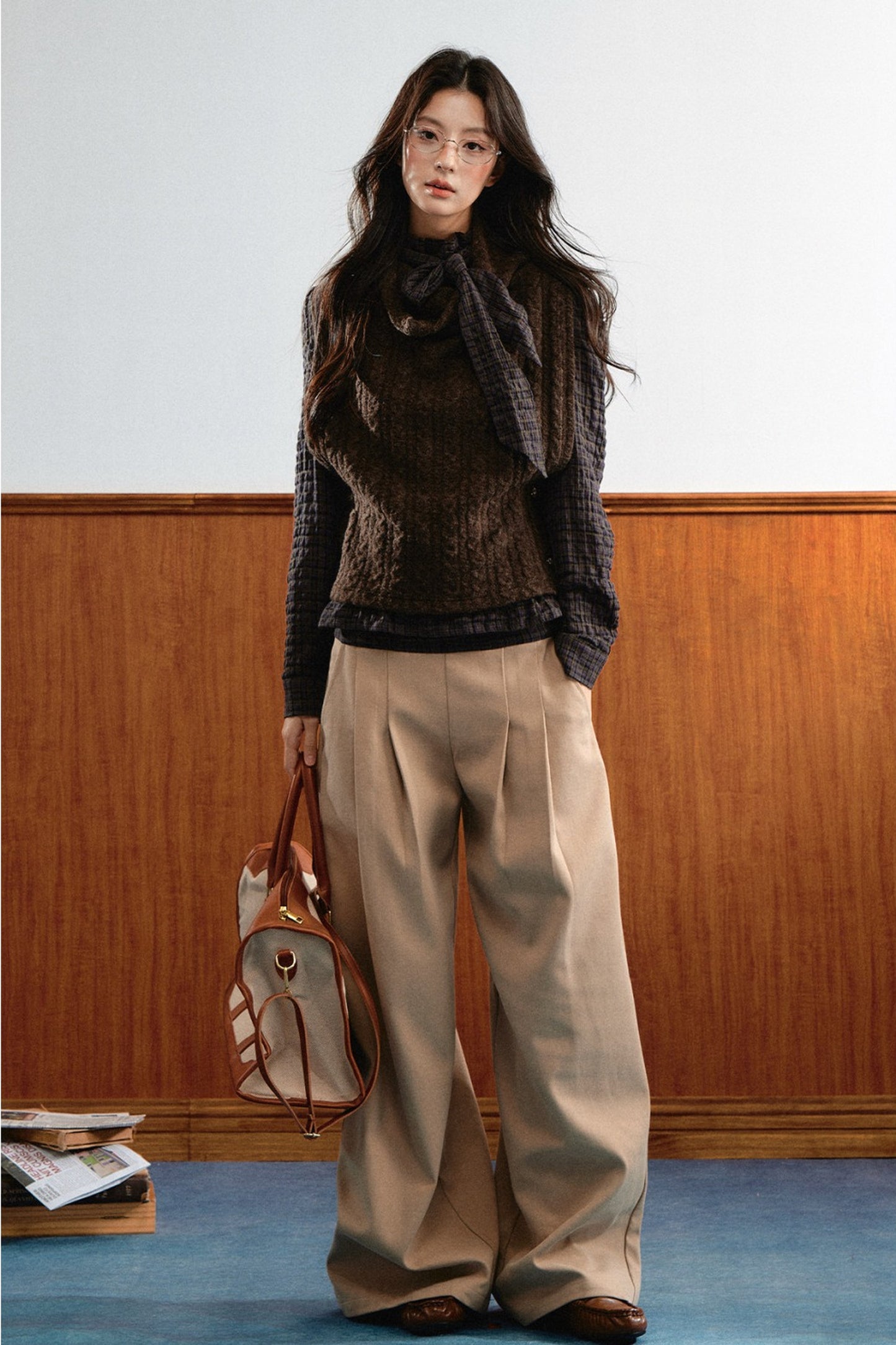 Retro Plaid Ribbon Top and Suede Skirt Set-Up