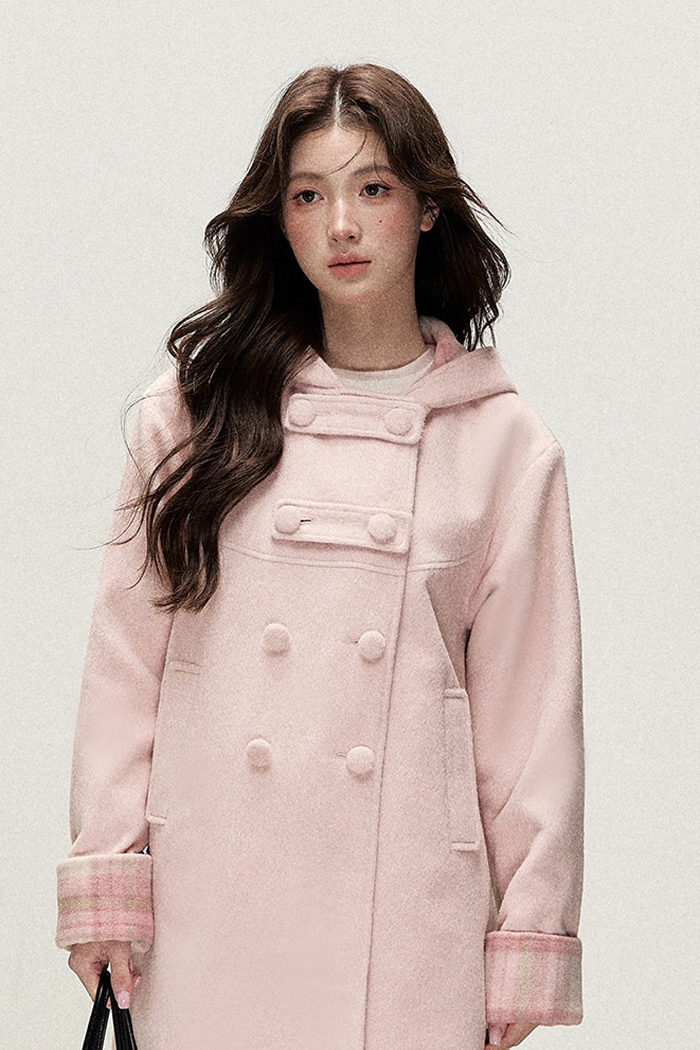 Cappotto doppiopetto con cappuccio a quadri rosa e color crema