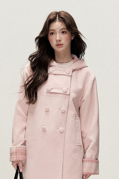 Cappotto doppiopetto con cappuccio a quadri rosa e color crema