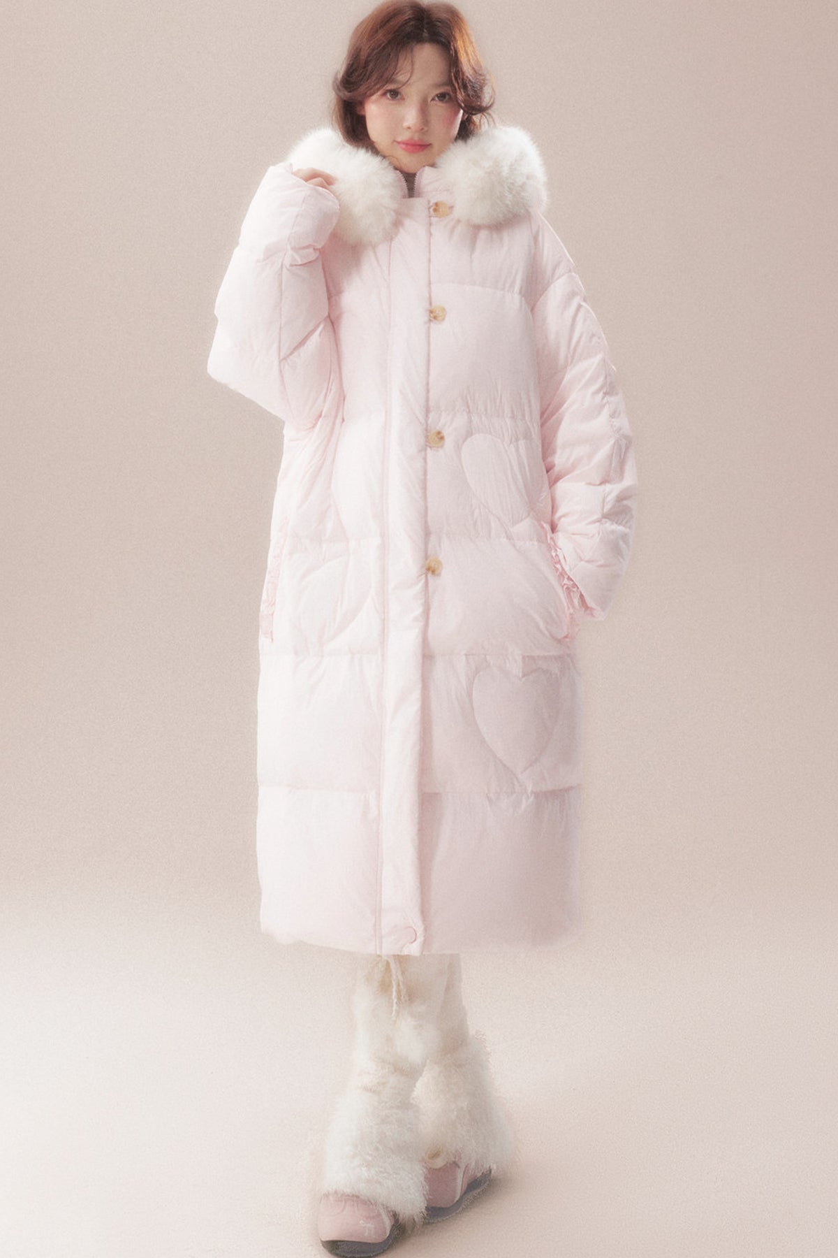Long Heart Quilted Fur Collar Down Coat