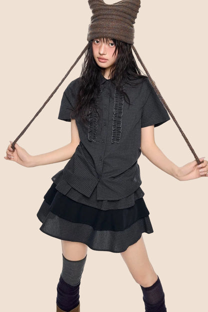 Plaid Pleated Blouse and Cake Skirt Set-Up