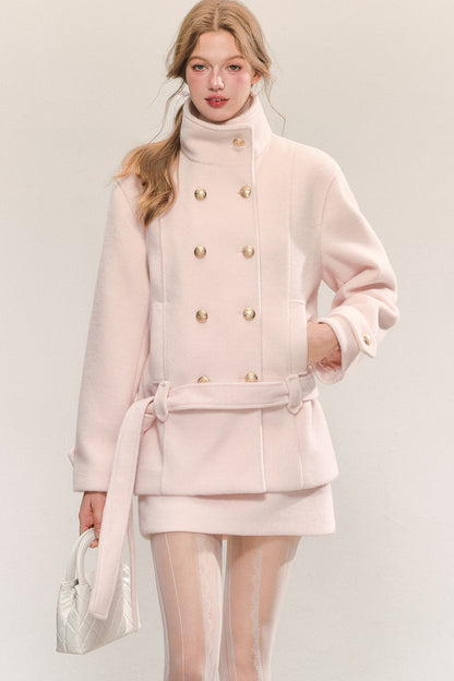 Elegant Double-Breasted Woolen Coat and Skirt Set-Up