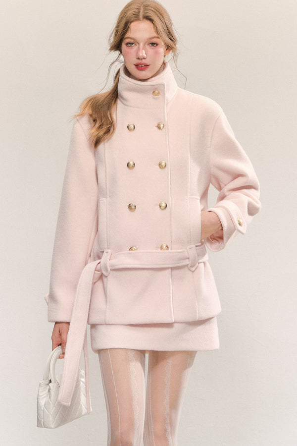 Elegant Double-Breasted Woolen Coat and Skirt Set-Up