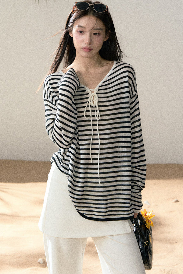 Linen Striped Tie-Up Top