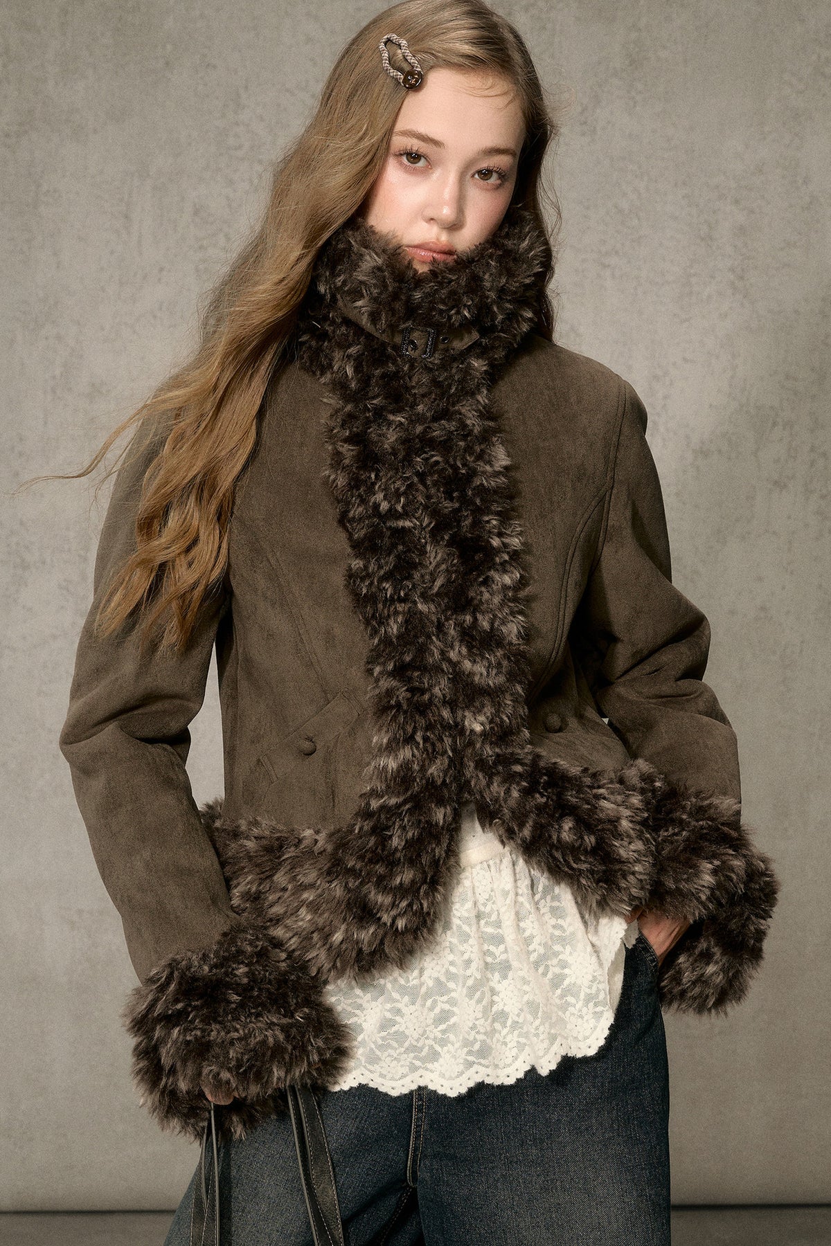 Faux Suede Short Fuzzy Collar Jacket