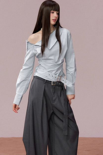 Off-Shoulder Ruched Belt Shirt