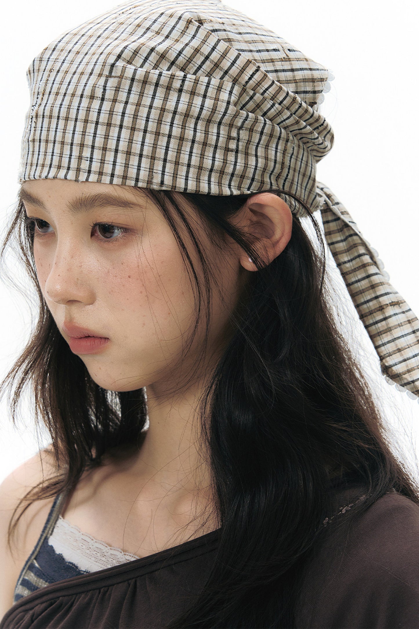 Lace Trim Plaid Headscarf