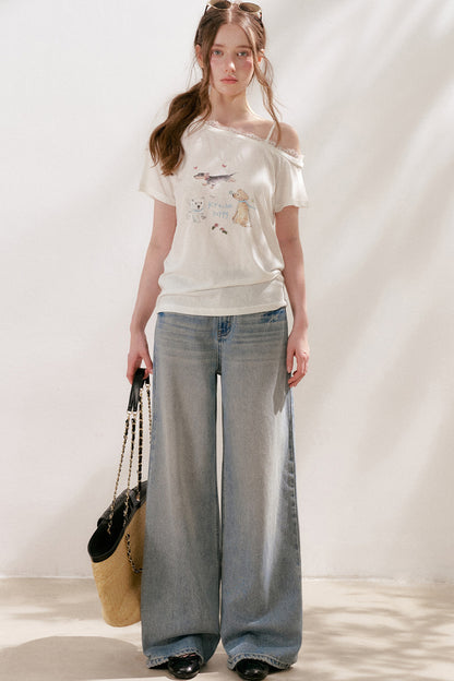Lace Tie-Up Wide-Leg Jeans