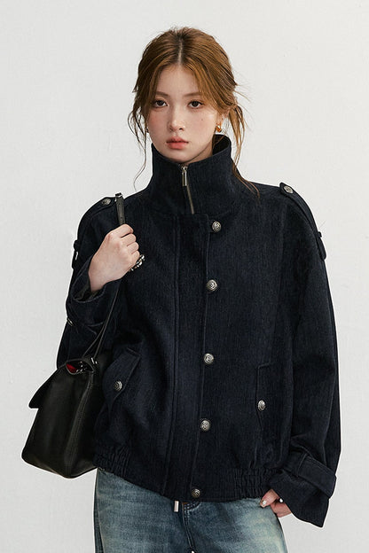 Chenille Wool Blend Stand-Up Collar Jacket