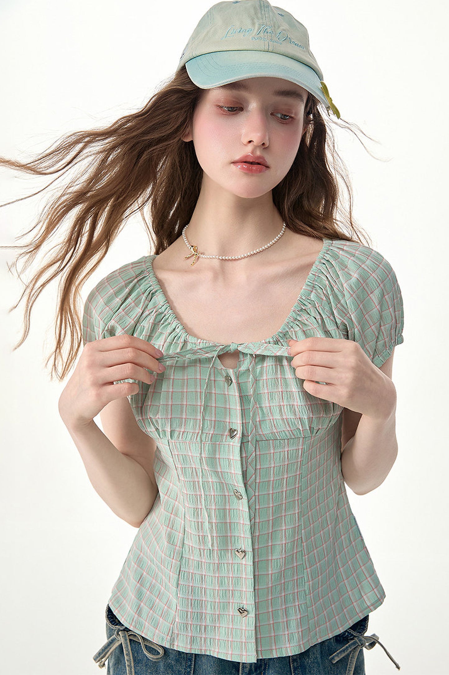 Green Plaid Puff Sleeve Button Front Top