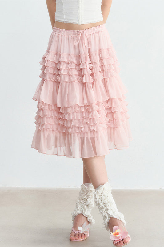 Pink Ruffle Chiffon Tube Top Skirt