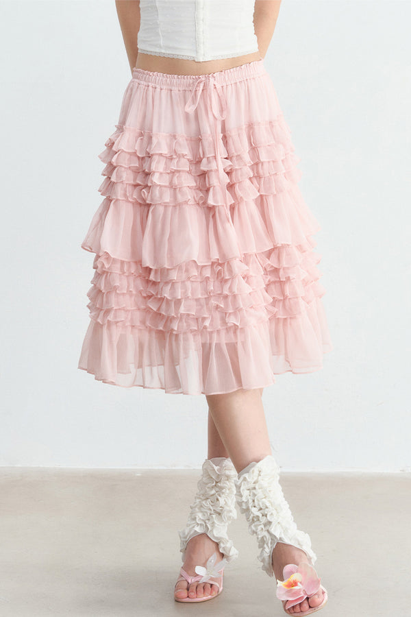 Pink Ruffle Chiffon Tube Top Skirt