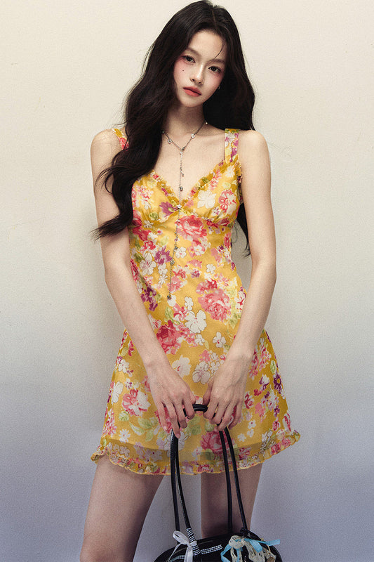 Floral Ruffled V Neck Chiffon Dress