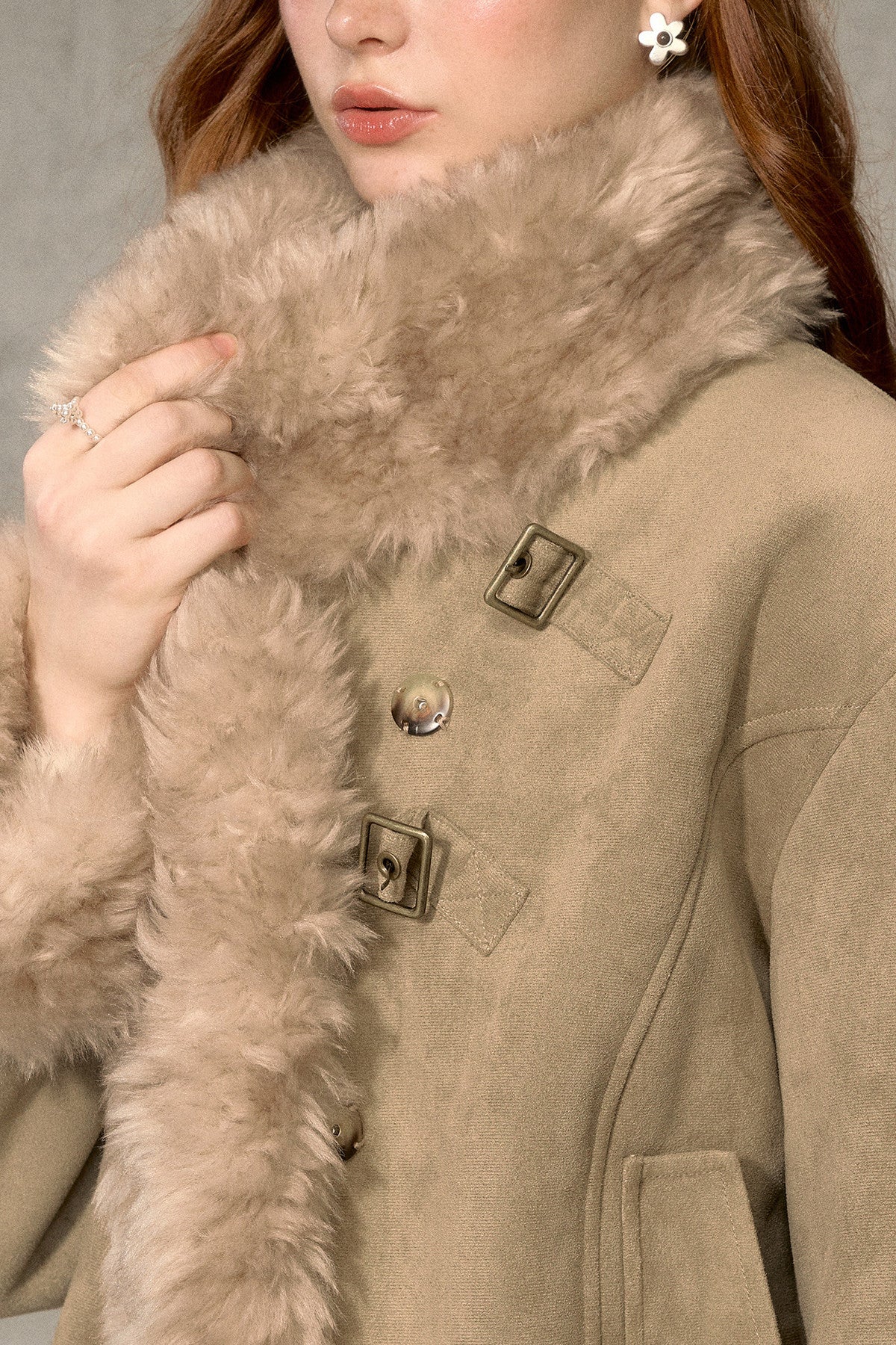Oatmeal Chocolate Fur Trim Asymmetrical Jacket