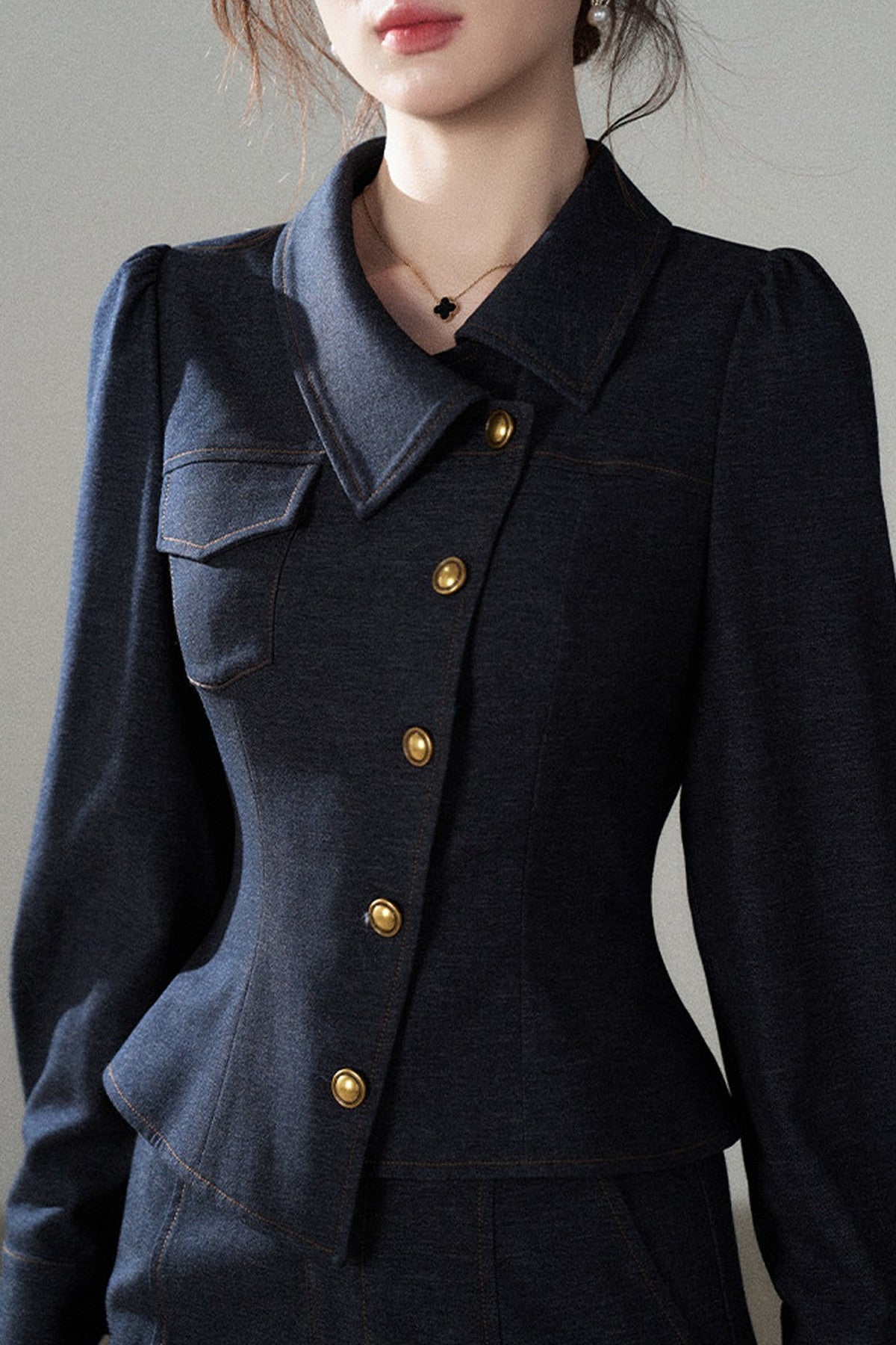 Asymmetrical Lapel Blue Top and Pants Set-Up