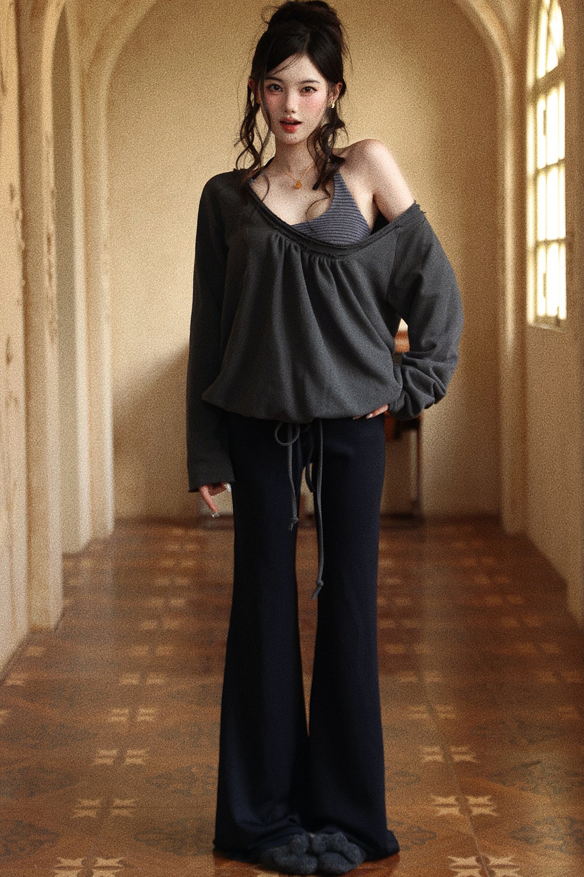 High-Waisted Drawstring Draped Knit Flared Pants